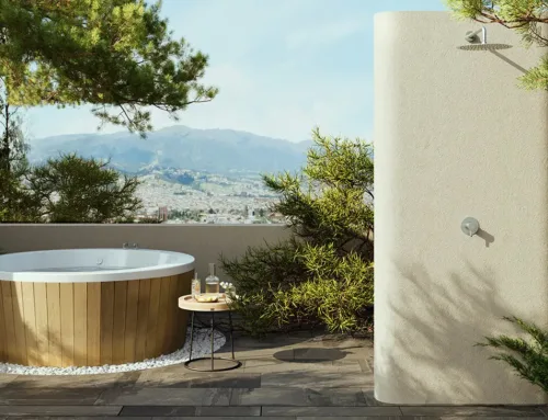 Outdoor bathtub and shower, design and well-being in the open air